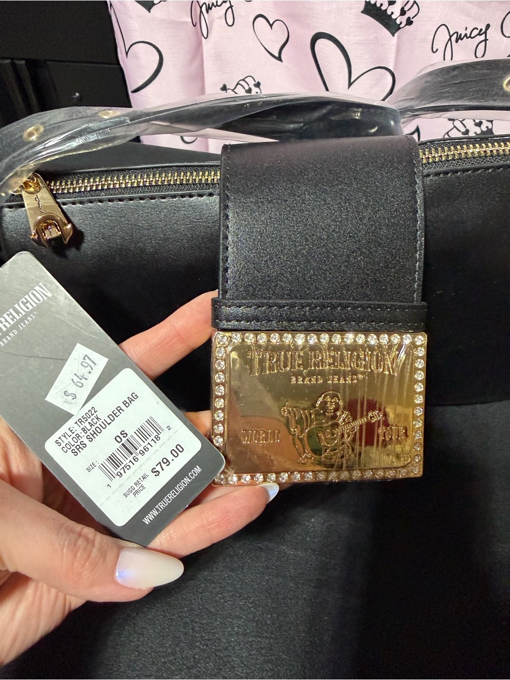 True Religion Black Studded Shoulder Bag with Gold Plaque - Picture 3 of 7